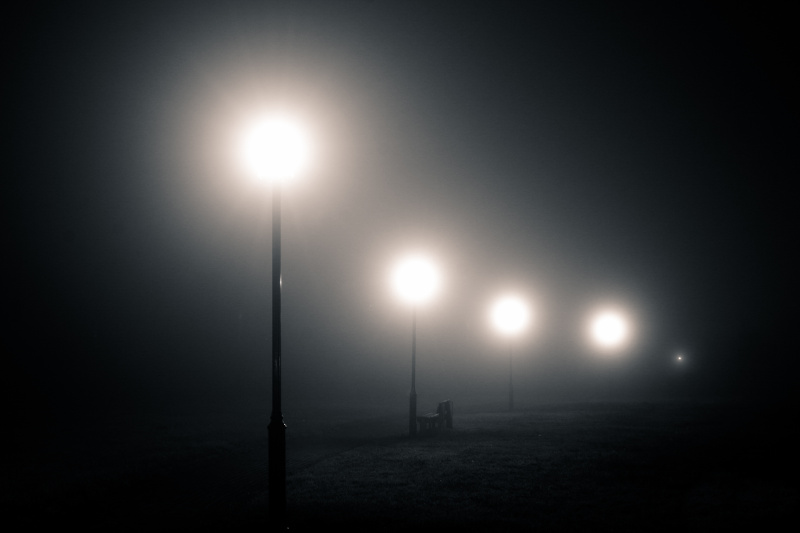 A foggy park scene, with streetlamps and a bench in the fog