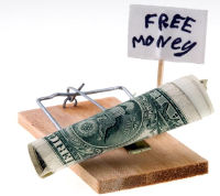 Mousetrap with dollars as bait and 'Free money' sign