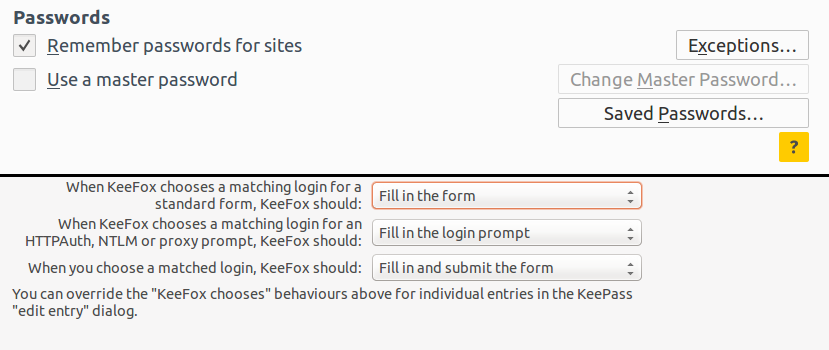 The options I have set in Firefox and KeeFox